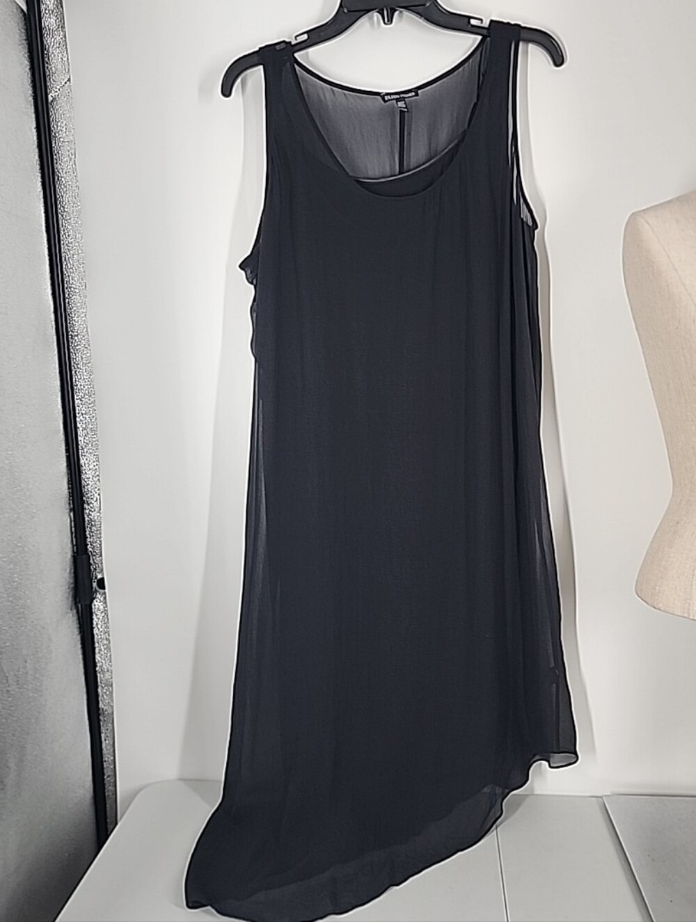 Eileen Fisher Size Medium 100% Silk Overlay Modal Midi Dress Black